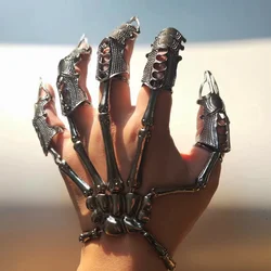 Punk Mechanical Bone Ring Dark Metal Full Finger Claw Unisex Skeleton Hand Bone Adjustable Bracelet Halloween Party Jewelry