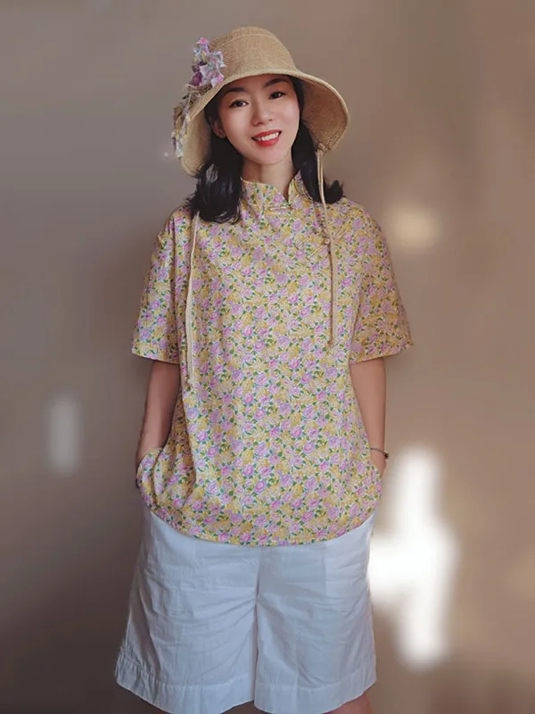 

New Original Pure Cotton Printed Loose oulder Chinese Sle irt Summer Top Peach Brand ort Sve Stand Collar