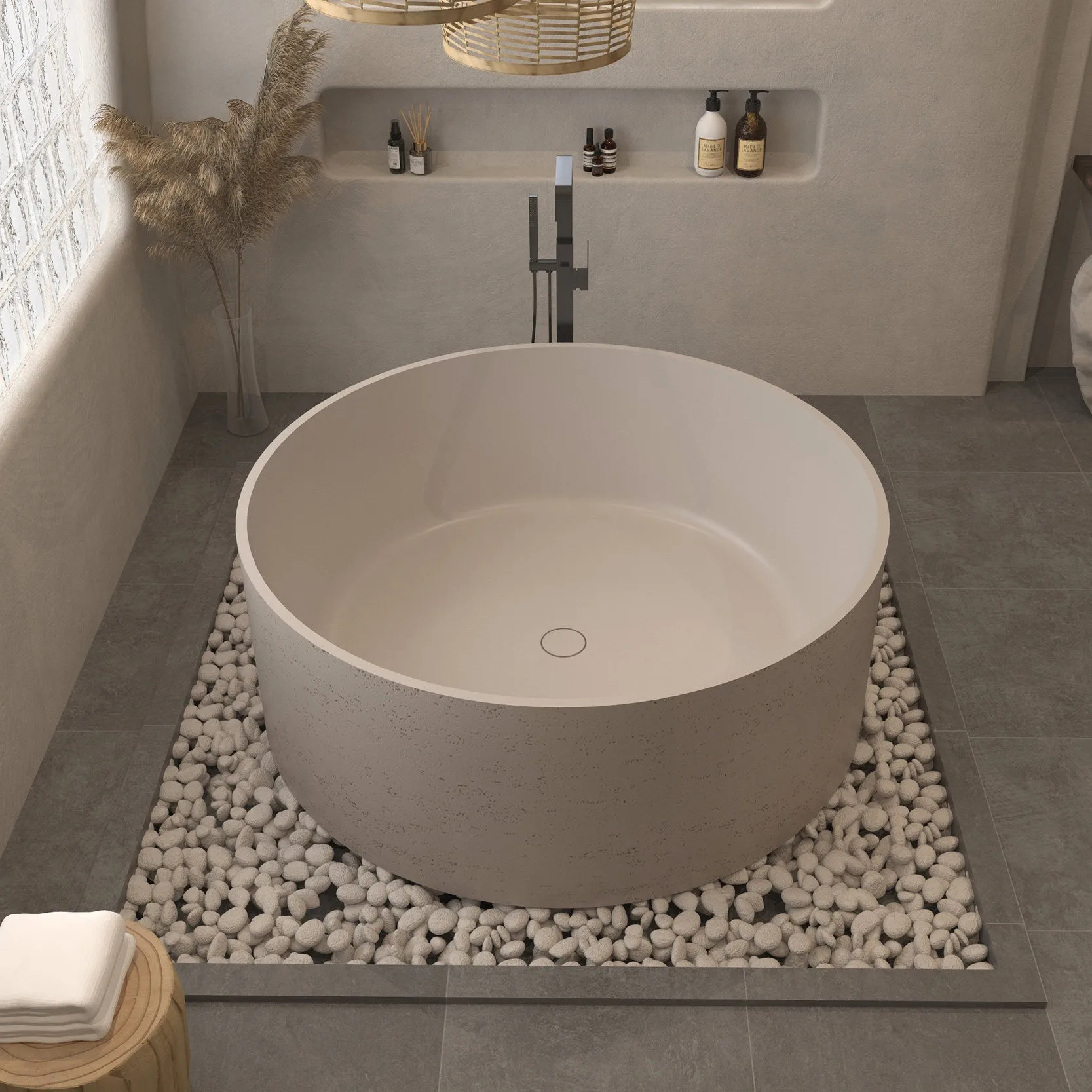 Any Size Custom Round Freestanding Travertine Bathtub Luxury Designer Adult Soaking Tub Heat Retaining Easy Clean Compact Space