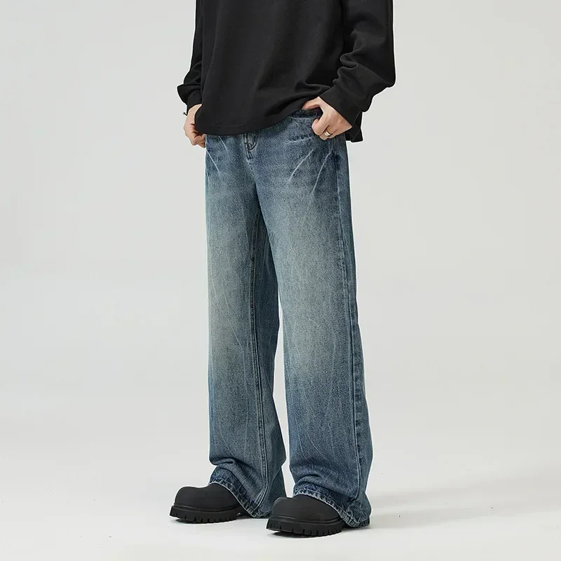 

Men Denim Jeans Wide Leg Pants Floor Length Pant Casual Straight Trousers Regular High Waist Splice Slim Fit Autumn Winter