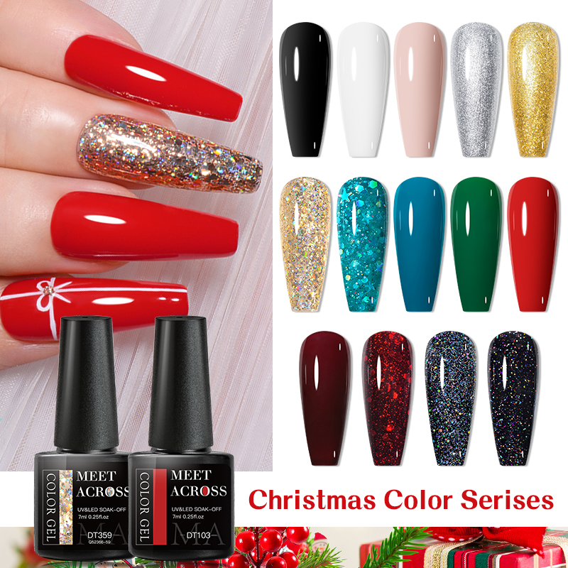  MEET ACROSS 7ml Christmas Color Serises Gel Nail Polish Red Green Semi Permanent UV Gel Varnish Base Top Coat Nail Art Manicure 