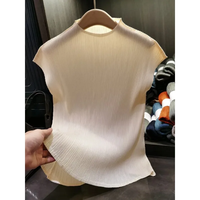 Miyake Versatile Classic Simple Solid Color Stand Up Collar Pleated Top Women Slim Slim Short Sleeve Miyake T-shirt Summer 2024