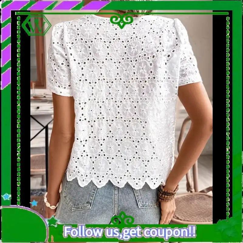 

A18P-Women's Summer Eyelet Tops 2025 Dressy Casual V Neck Flutter Sleeve Hollow Out Lace Embroidered Blouses Shirts