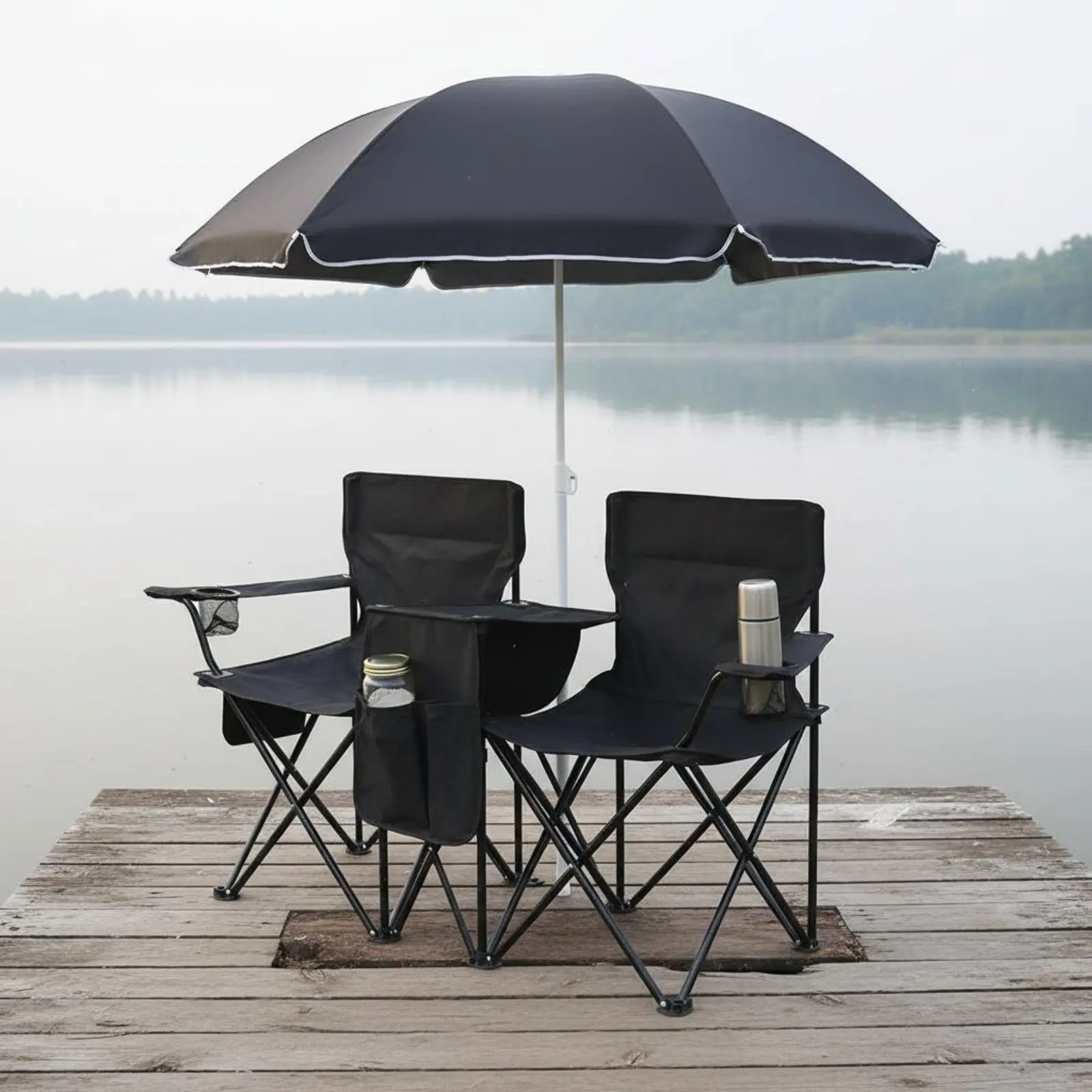 

Double Folding Chair with Umbrella Storage Pockets Portable Beach Loveseat with Sunshade Two Person Camping Chair Set