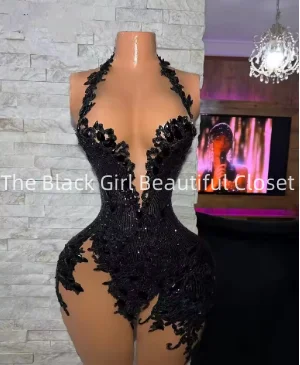 カスタマイズされたキラキラのショートウエディングドレス,黒の女の子のドレス,豪華なアップリケ,セクシーなイブニングドレス