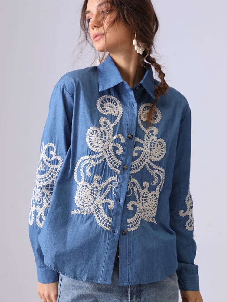 

2025 New Ethnic Floral Embroidered Women's Shirt French Lapel Long Sleeve Spring Summer Blue Cotton Retro Shirt Tops