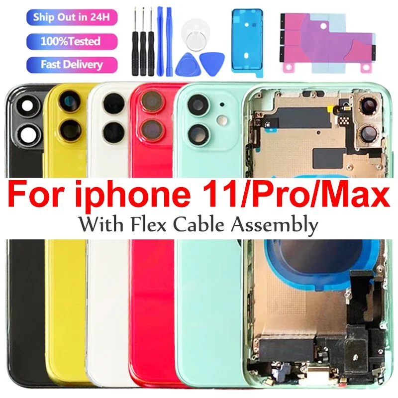 Full Housing For iPhone 11/11Pro/ 11 Pro Max Back Glass Battery Cover Middle Frame Chassis with Flex Cable Assembly Replacement