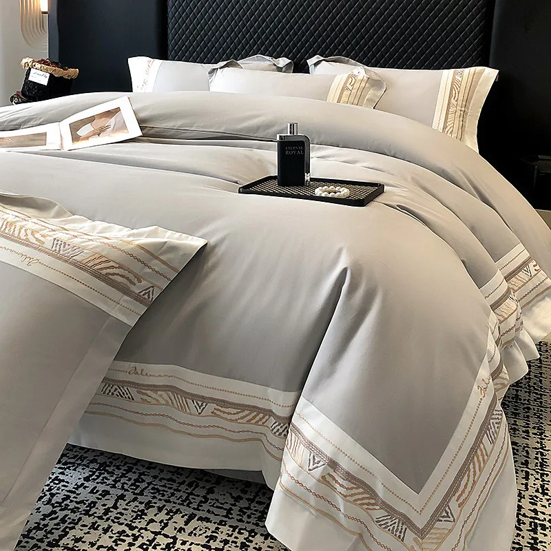 Luxury Superior Irregular Artistic Patterns Embroidered 100%Cotton Duvet Cover Set, Brushed Soft Double Queen King 4Pcs Bedding