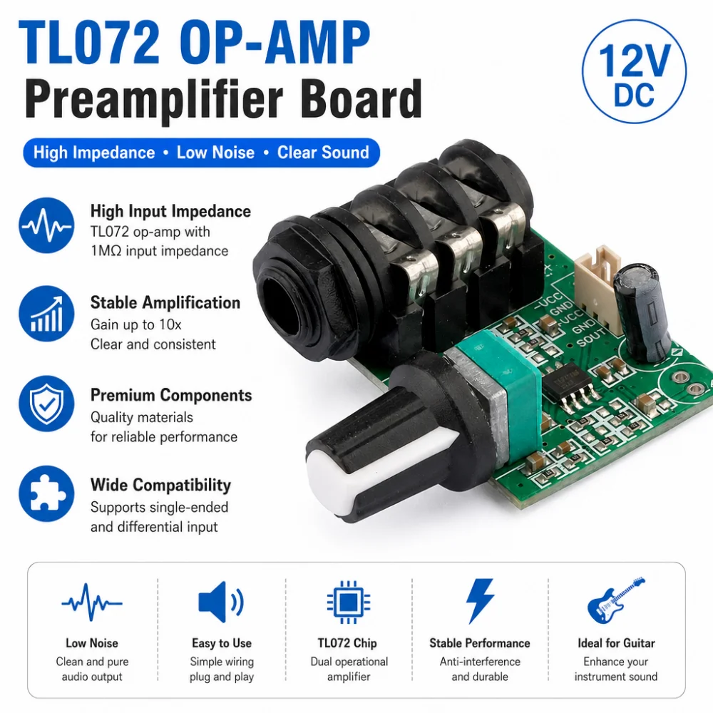 TL072 12V Guitar Instrument Signal Amplifier Operational Amplifier High-Impedance Preamp Board