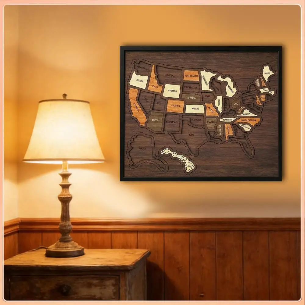 12 X 10Inch Wooden United States Map Puzzle Detachable USA Travel Map Puzzle for Home Kitchen Office Couples and Families Gift