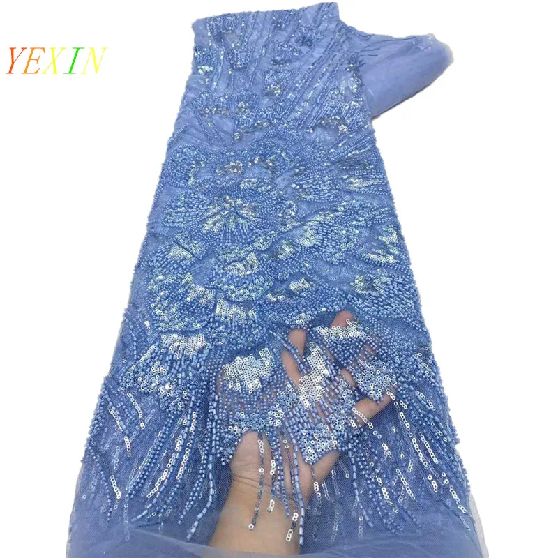 

Роскошная ткань 5 ярдов с бисером и пайетками, синяя, высококачественная африканская тюлевая кружевная ткань, сетчатая кружевная ткань для женских вечерних платьев