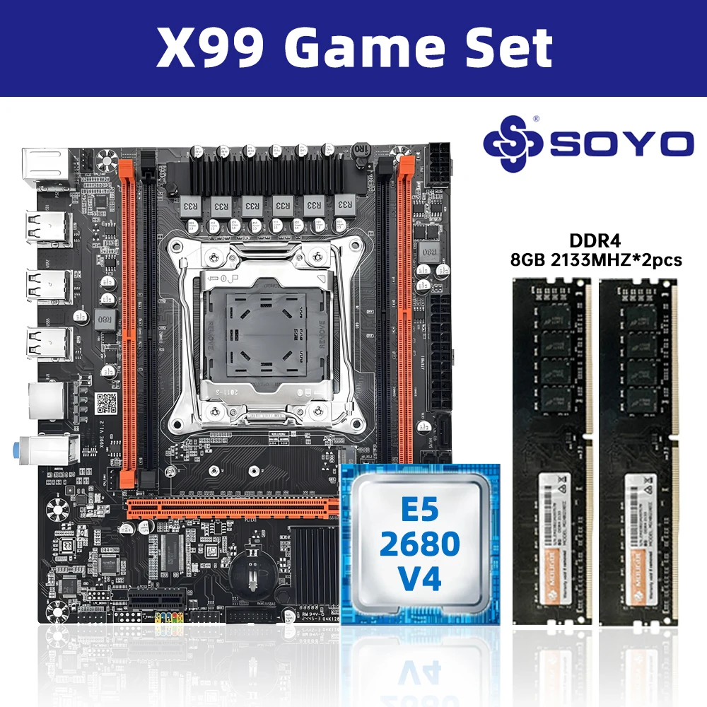 

Комплект материнской платы SOYO X99 с процессором Intel LGA2011-3 Xeon E5 2680 V4 и оперативной памятью DDR4 16 ГБ (2*8 ГБ) 2133 МГц, двухканальная память, M.2 NVME
