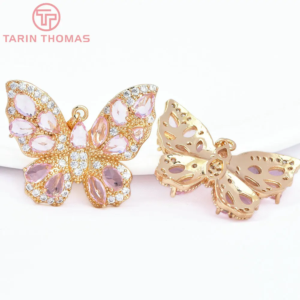 (7745) 2PCS 33x28MM 24K Gold Color Brass with Zircon Butterfly Pendants High Quality DIY Jewelry Making Findings Accessories