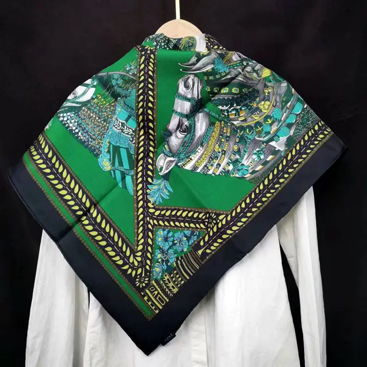 ผ้าพันคอไหมสีเขียว 90 ผืน ผ้าพันคอสี่เหลี่ยมหรูหรา ขอบม้วนด้วยมือ ผ้าพันคอสำหรับผู้หญิง เครื่องประดับผม ของขวัญคริสต์มาสสำหรับคนรัก