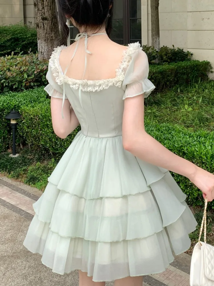 Y2K Princess Birthday Party Dress Lace Patchwork Short Dresses for Women Puff Sleeves Ruffles A-line Cake Vestido Mujer 2024 New