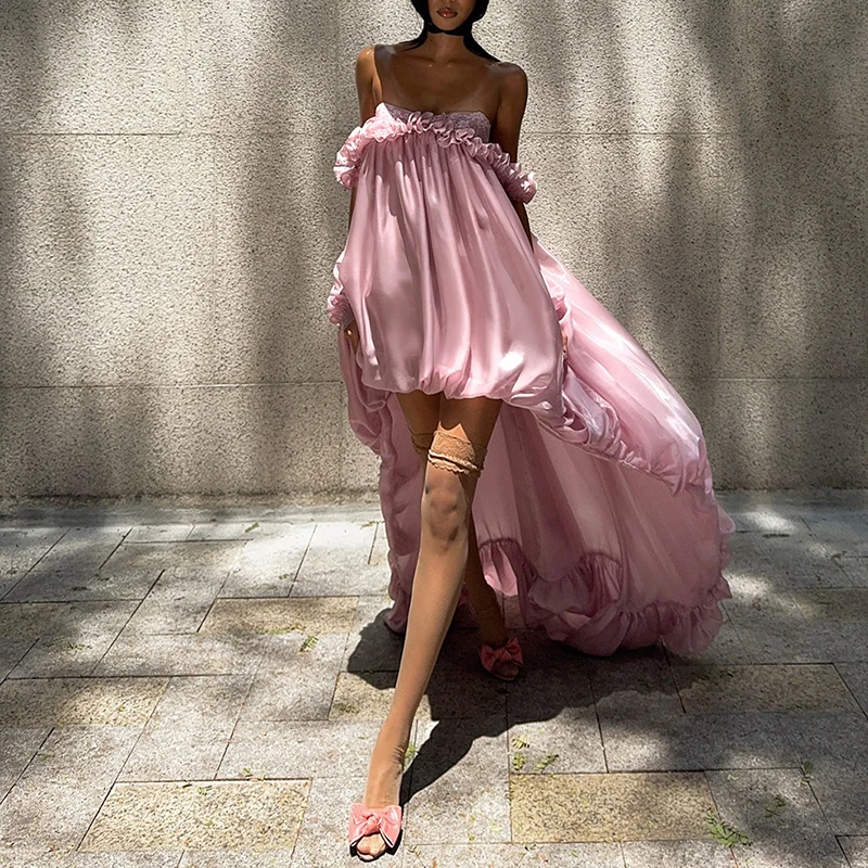 Women Sexy Irregular Pleated Banquet Dress Fashion Hight Waist Solid Loose Long Dress Elegant Off Shoulder Hollow Evening Dress