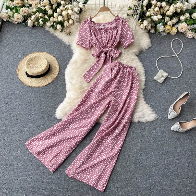 Women Summer Chic Korean Suit Sexy O Neck Chiffon Short Tops+High Waist Wide Leg Split Long Pants Two Piece Set