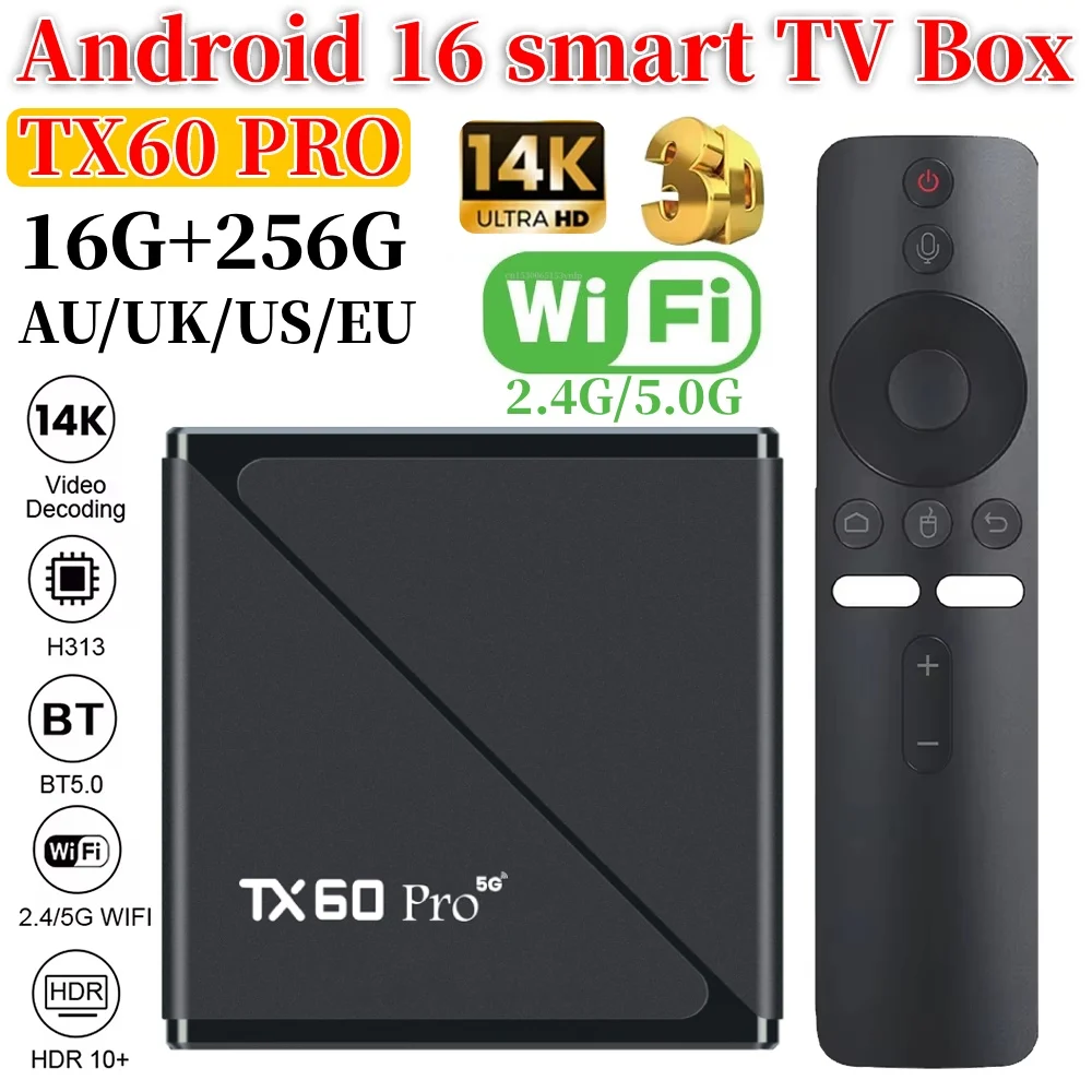 TX60 PRO Android 24 Smart TV Box 14K 2.4G/5G Dual WiFi 6 Media Player Set Top Box مع جهاز التحكم عن بعد Set Top Box Quad Core16GB 256GB