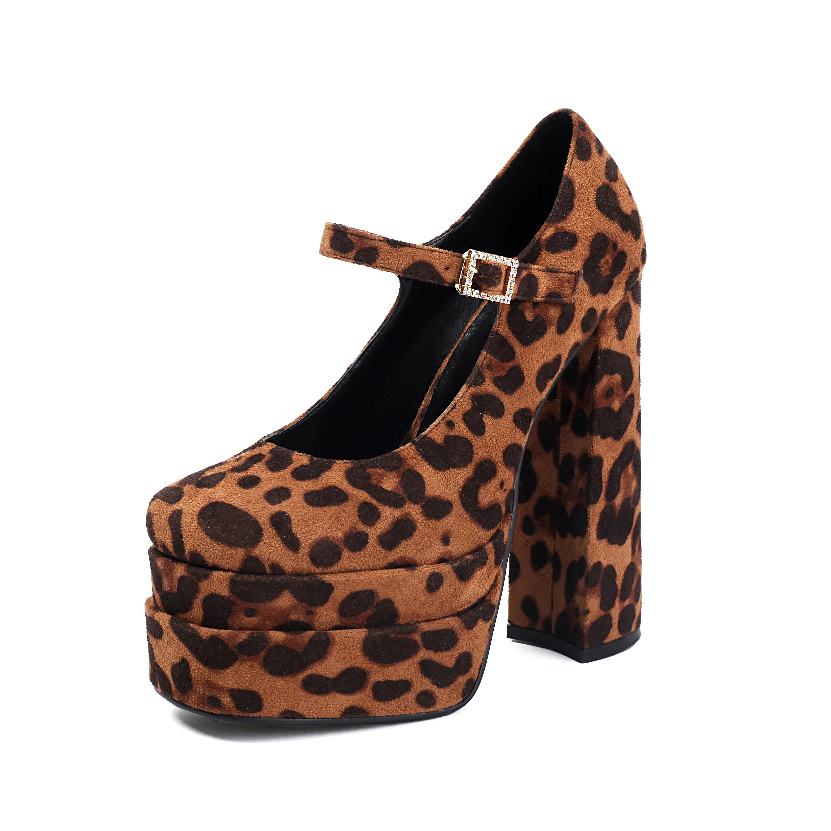 

Leopard Pumps Women Mary Janes Shoes Thicken Platform Block High Heels