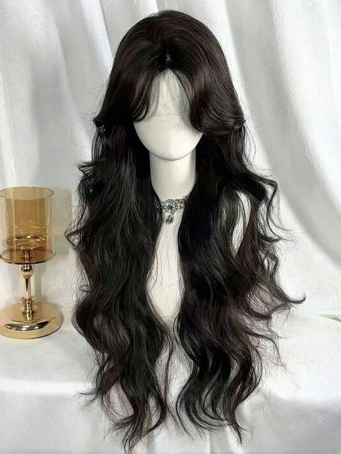 30Inch Synthetic Wigs Long Wavy Hair Curly LM Wig with Bangs Cosplay Headband Wigs Lolita Black Wig for Women Daily Use