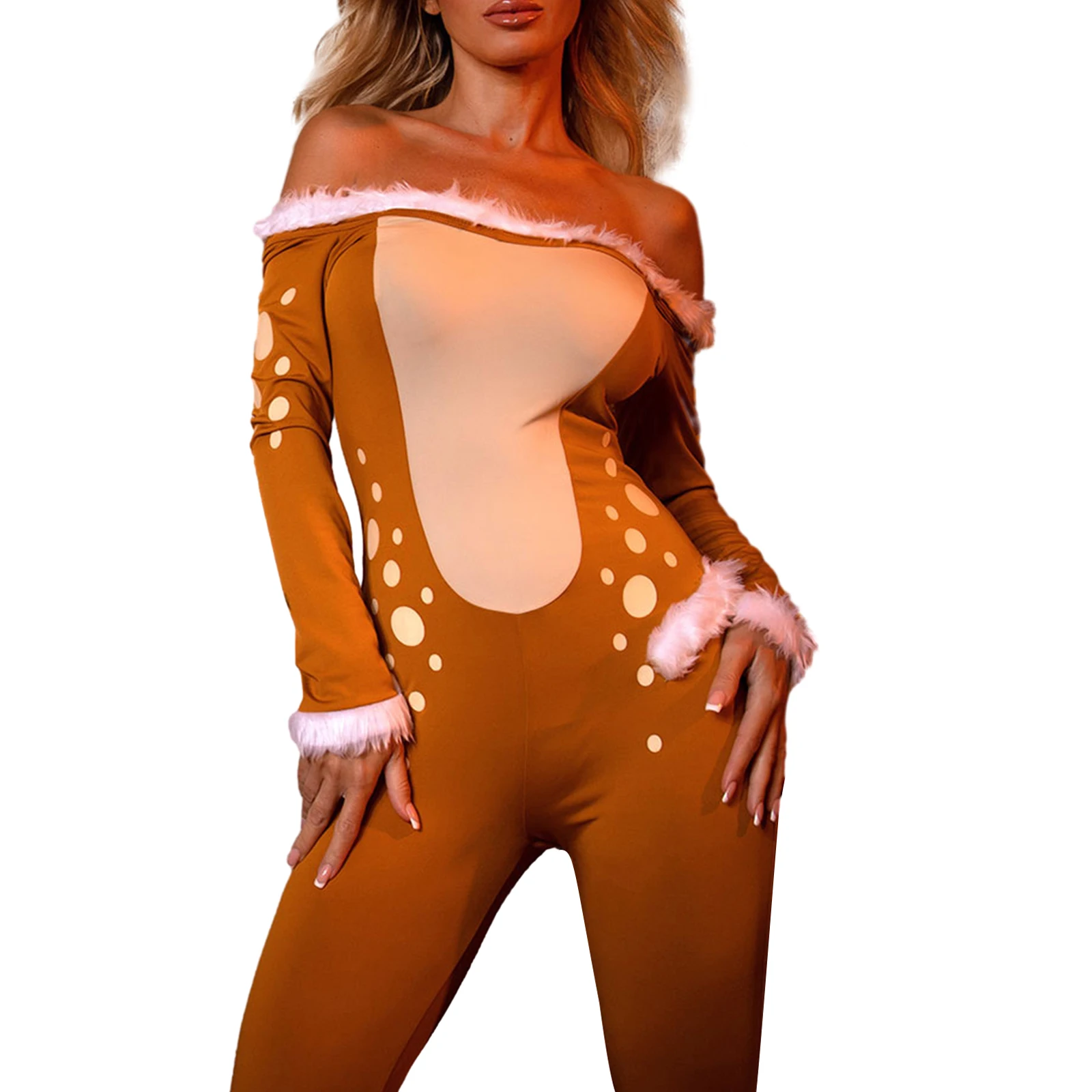 Disfraz de reno de Halloween para mujer, monos ajustados de manga larga con hombros descubiertos y ribete borroso, disfraz de Cosplay, trajes de fiesta