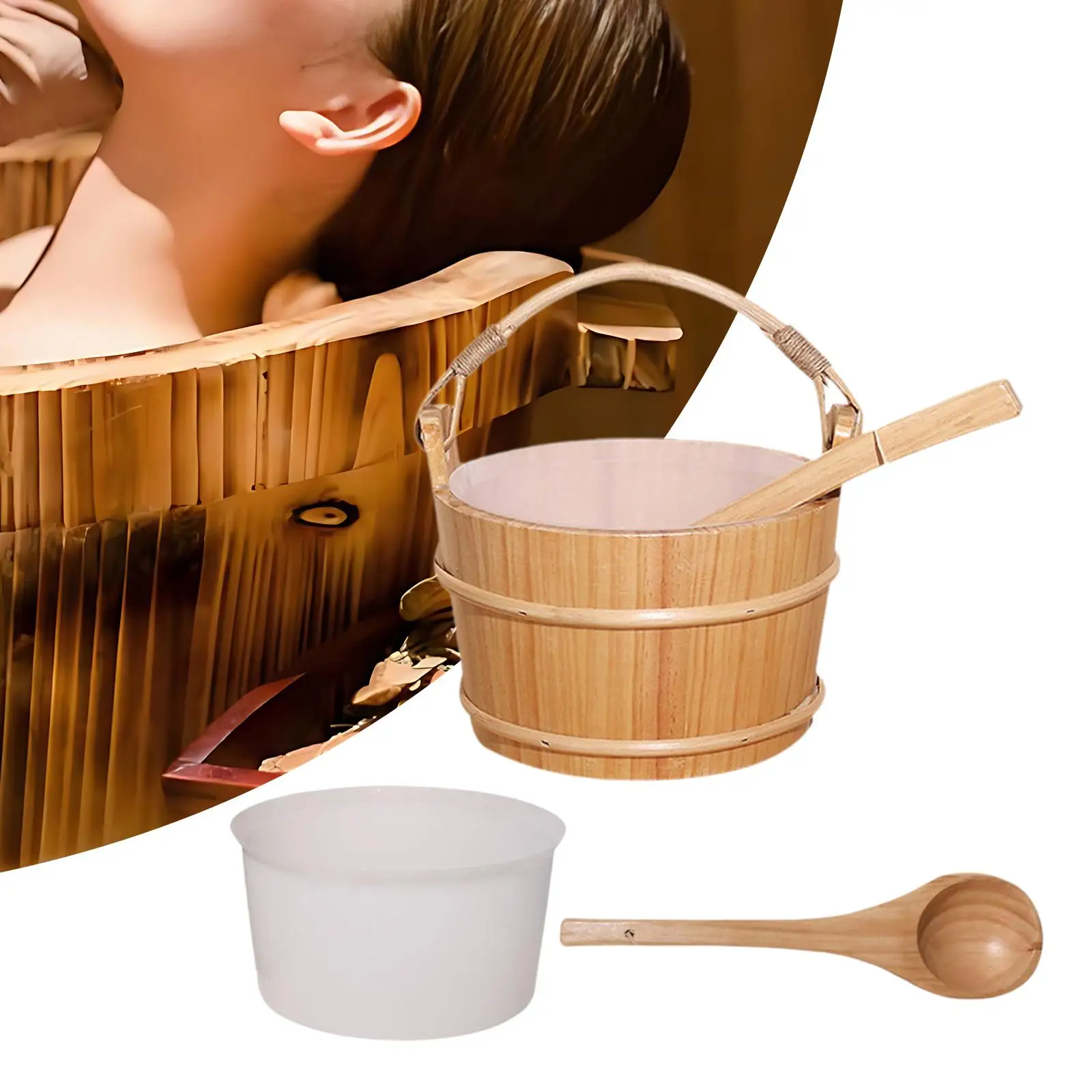 

Sauna Bucket and Ladle Set Rope Handle Professional Portable Wooden Water Bucket for Saunaroom Bathing Winter Houses SPA Centers