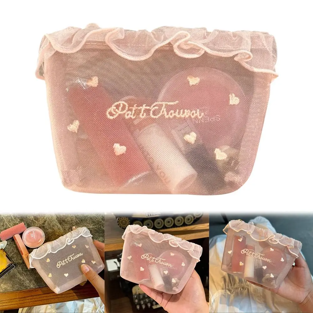 

Love Heart Embroidery Mesh Makeup Bag Large Capacity With Zipper Toiletry Organizer Transparent Cosmetic Bag