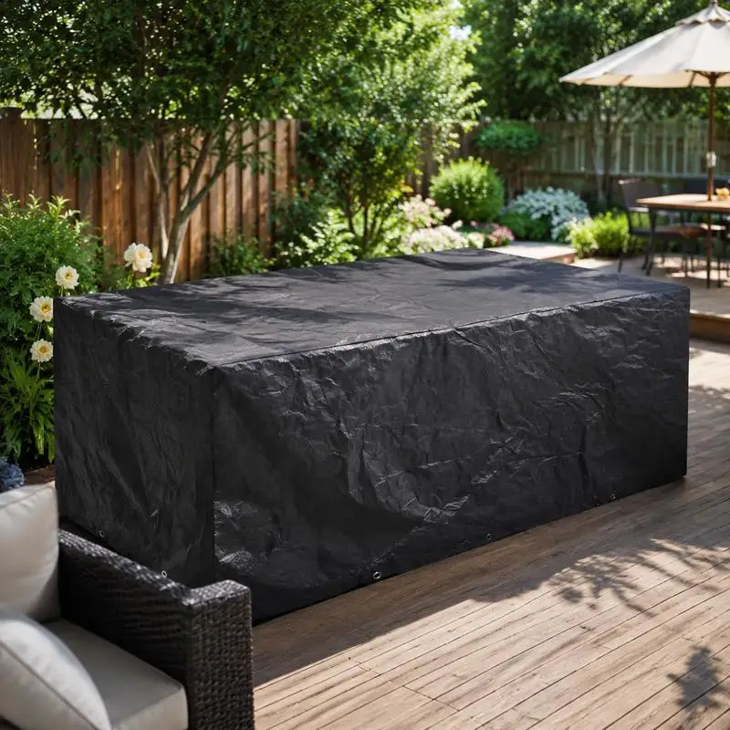 Housse de canapé de jardin en rotin noir 229x113x73cm pour 8 places, 90g/m² PE, imperméable, résistante aux UV, 10 œillets en aluminium avec corde de fixation, protection de meubles de patio extérieur coupe-vent