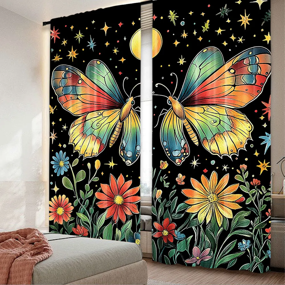 2Pcs Boho Butterfly Curtain Moon Flowers Plants Moth Moonlit Garden For Bedroom Aesthetic Vintage Many Other Occasions