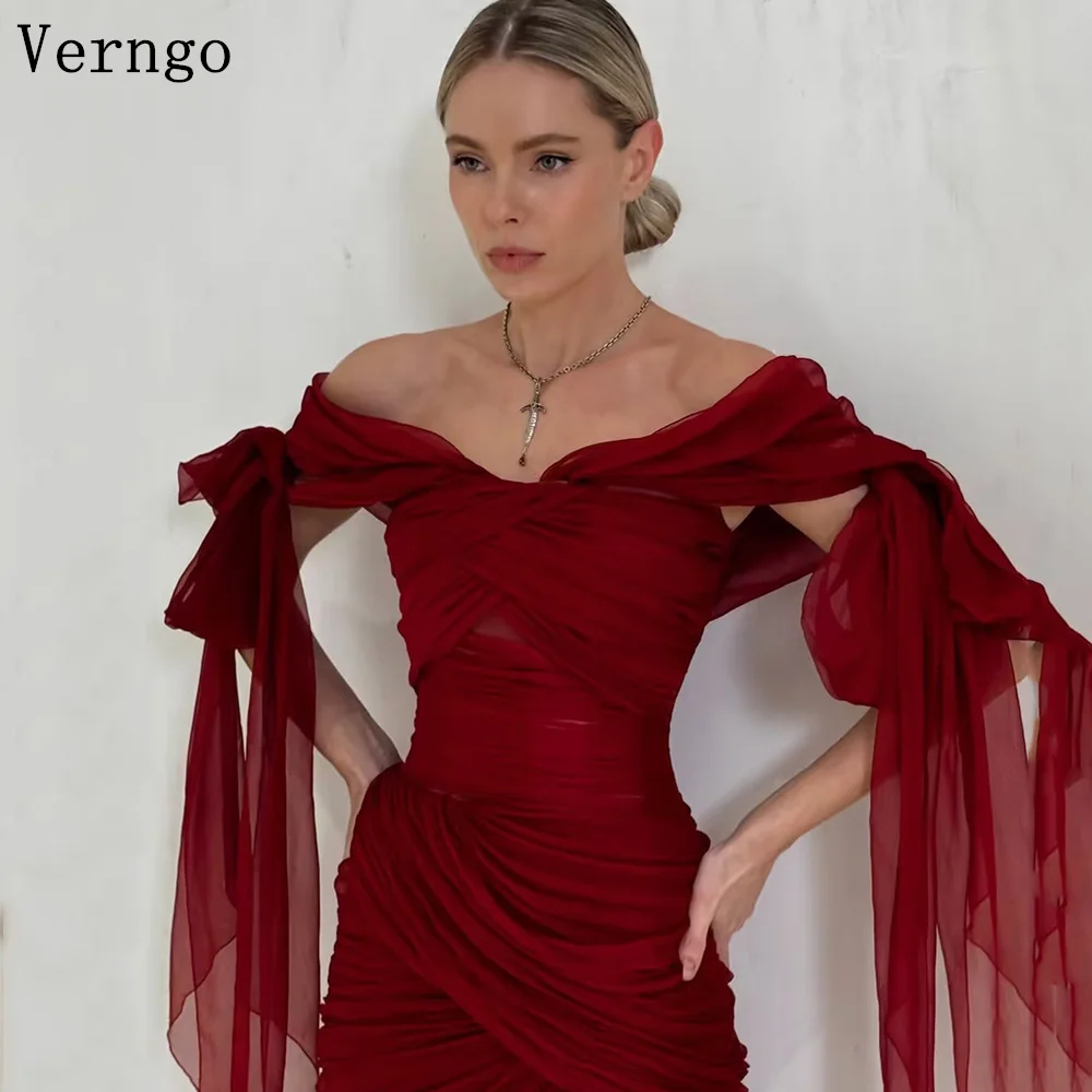 

Verngo Burgundy Chiffon Elegant Evening Dress Off The Shoulder A Line Formal Occasion Dress Pleated Prom Gown Customized