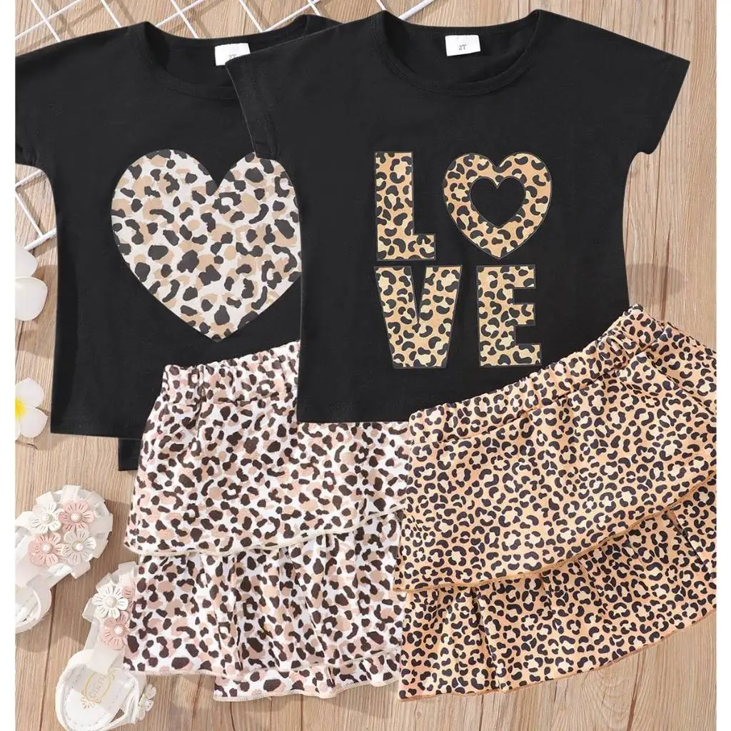 2024 Sisters Skirt Suit Kids Gril 2 Pcs Set T-shirt + Skirt Summer Cute Love Leopard Toddle Girls Clothes 3 4 5 6 7 8 Years Old