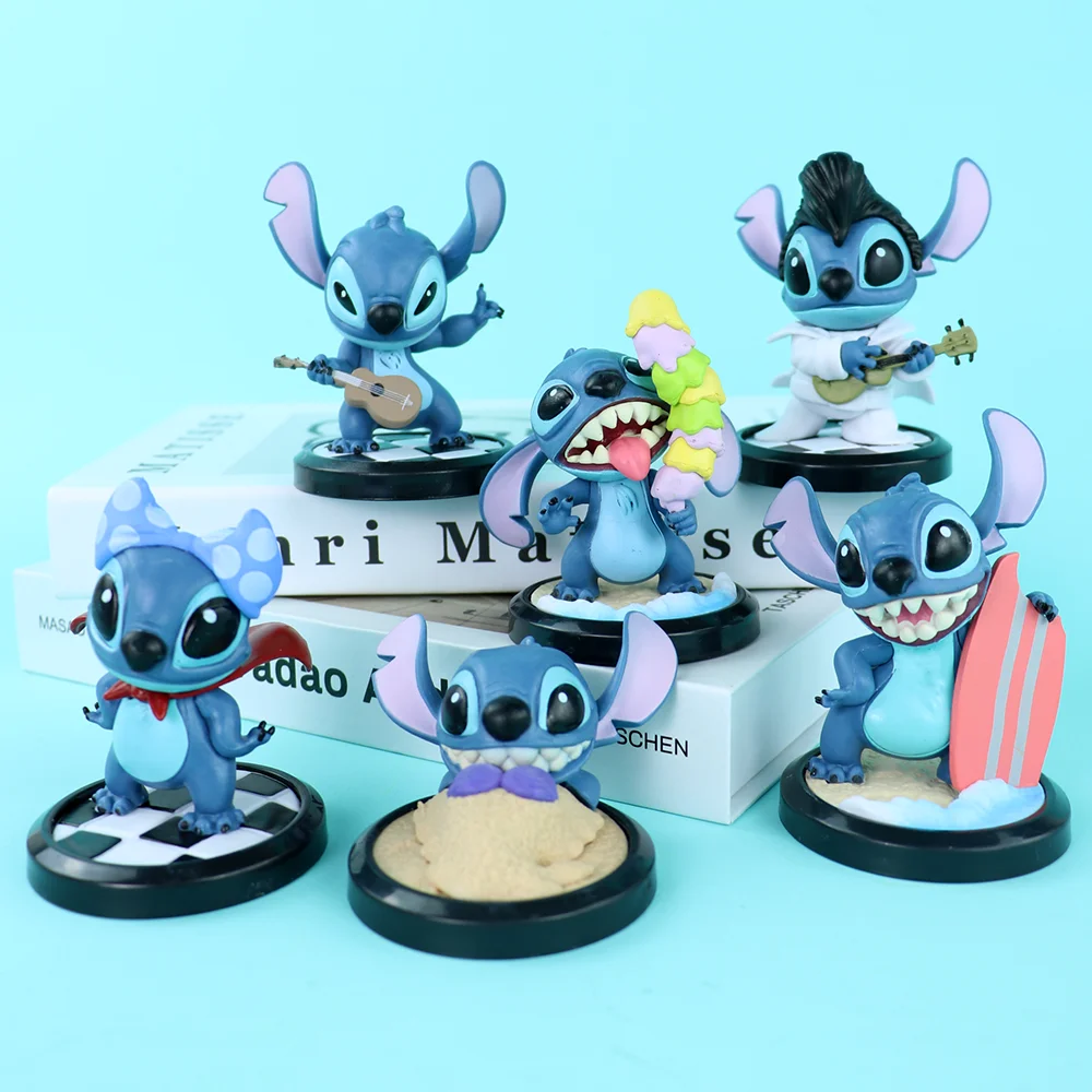 6pcs 스티치 애니메이션 피규어 인형 만화 스티치 장난감 장식품 마이크로 풍경 케이크 장식 모델 Pvc 그림 아이 생일 선물