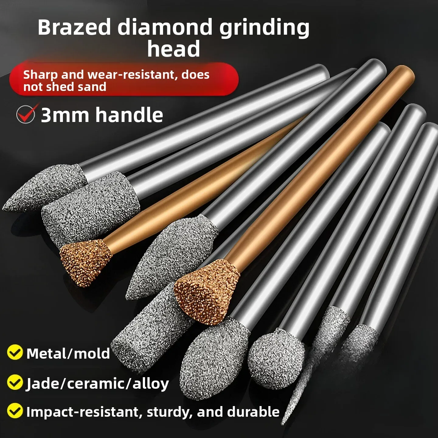 

3Mm Handle Coarse Sand Emery Grinding Head / Brazed Diamond Grinding Head / Jade Peeled Stone Engraving Grinding Tool