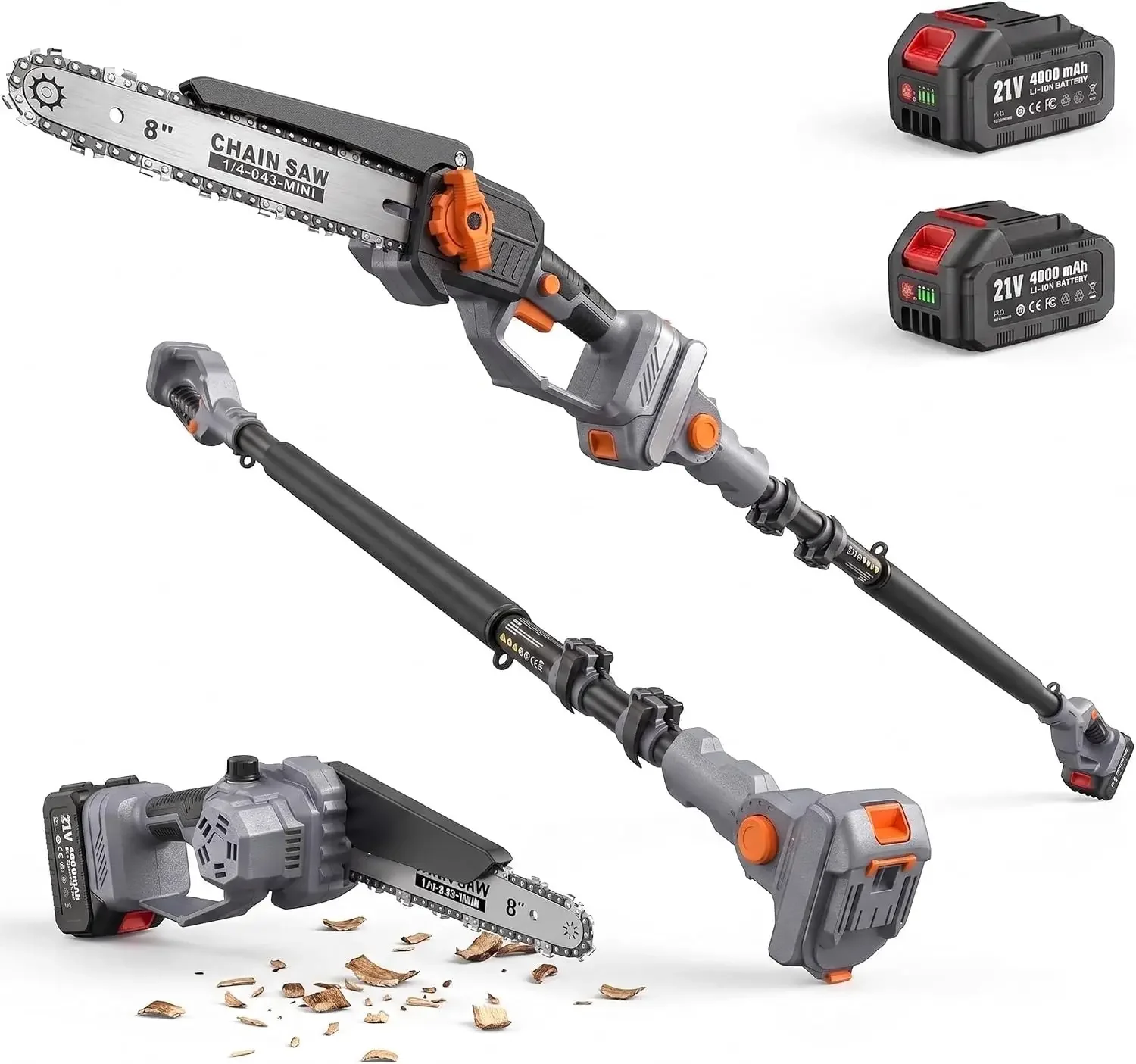 US Shipping 2-in-1 Pole Saw For Tree Trimming, 8-Inch Cordless Brushless Chainsaw With Extension Pole, 2 X 4.0Ah Batteries & Cha