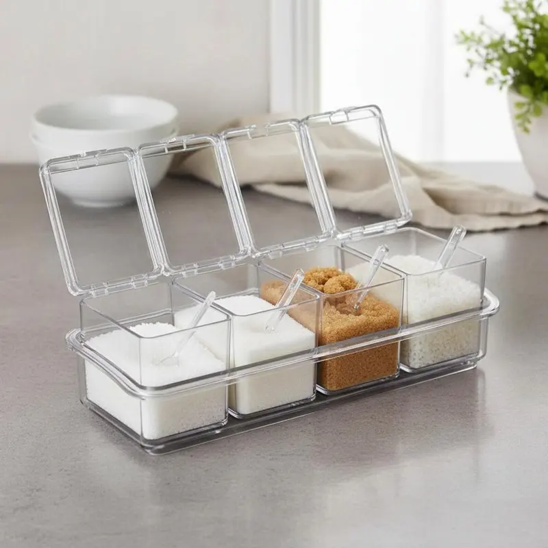 4 Compartment Seasoning Box Easy To Clean 4 Compartment Seasoning Box Clear Seasoning Container Set Space Saving for BBQ