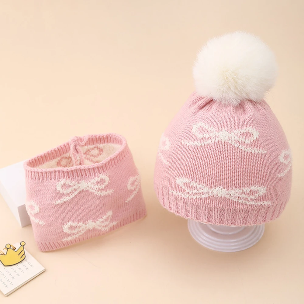 Gorro de invierno para bebé, conjunto de bufanda, gorros cálidos de felpa con lazo Jacquard, Beaines infantiles para niñas dulces para niños de 6 a 36 meses