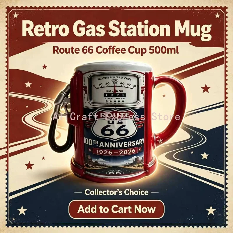 Vintage Route 66 Gas Pump 3D Embossed Ceramic Mug Retro Coffee Cup Creative Home Bar Drinkware Decor Gift