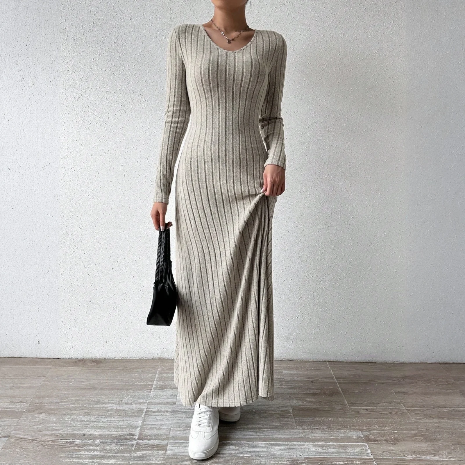 Damesjurk met lange mouwen Herfst Casual T-shirt Loose Fit Geplooide jurken aan de voorkant met zakken Vestidos Para Mujer Lange jurken