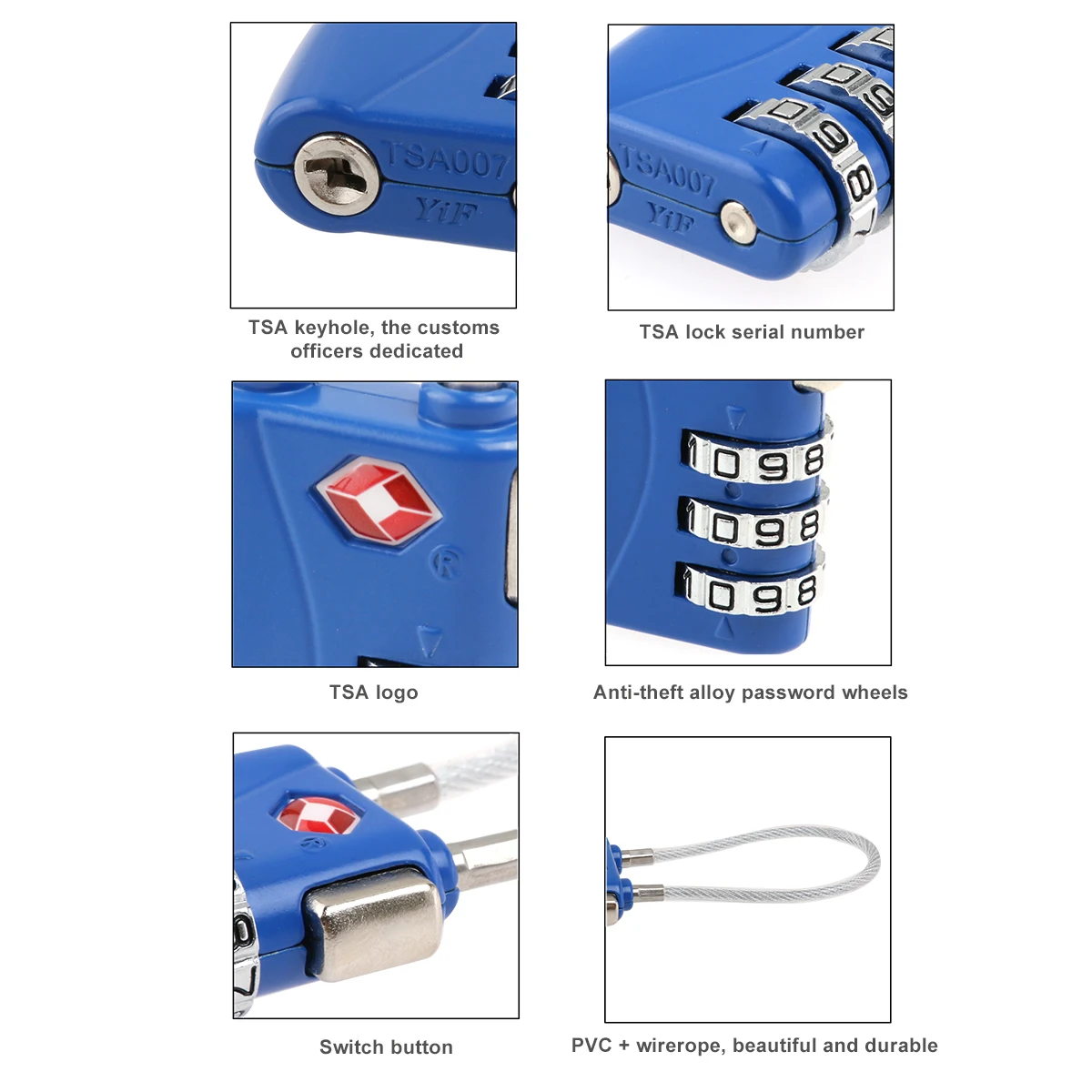 

2pcs Password Lock TSA Approved Cable Luggage 3- Combination Padlock Black Blue Zinc Alloy 4x3x1cm Security Hardware