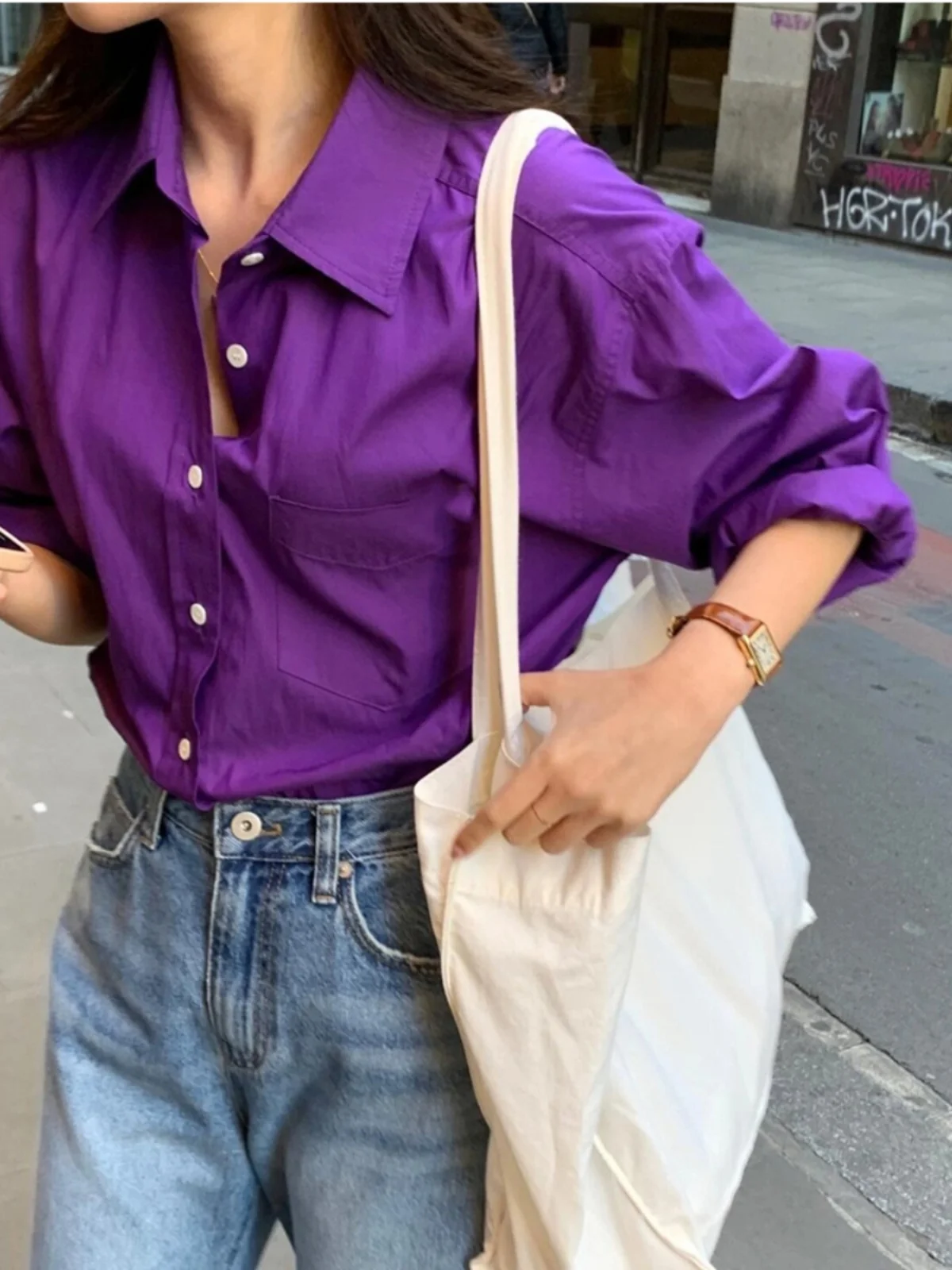 Retro giapponese Sle sciolto cotone da donna irt colore viola alto effetto sbiancante versatile casual lungo Sve Ne Top