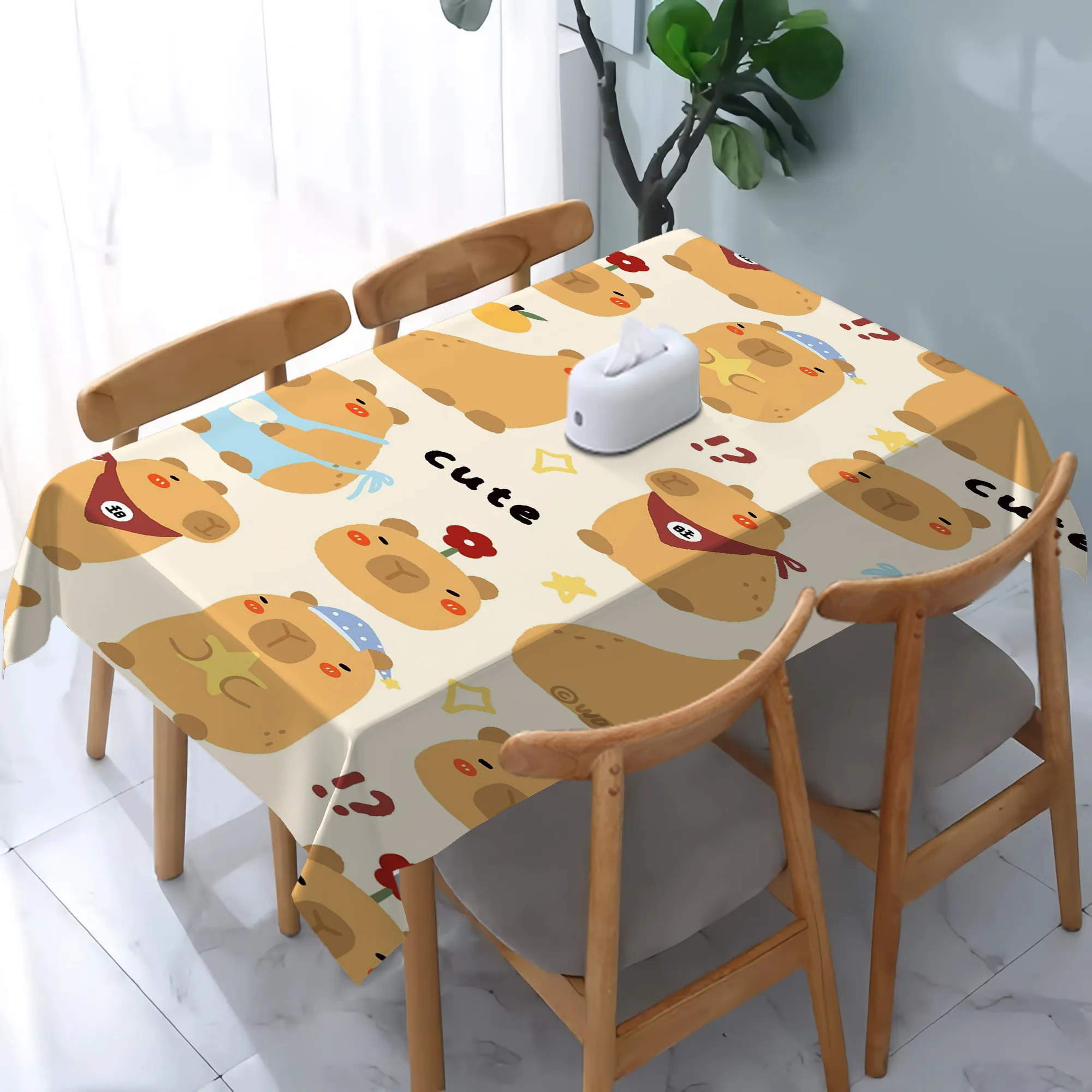 Kawaii Capybara Doodle Tablecloth, Stylish Sweet Cartoon Animal Print Rectangular Table Cover for Dining Table Home Party Decor