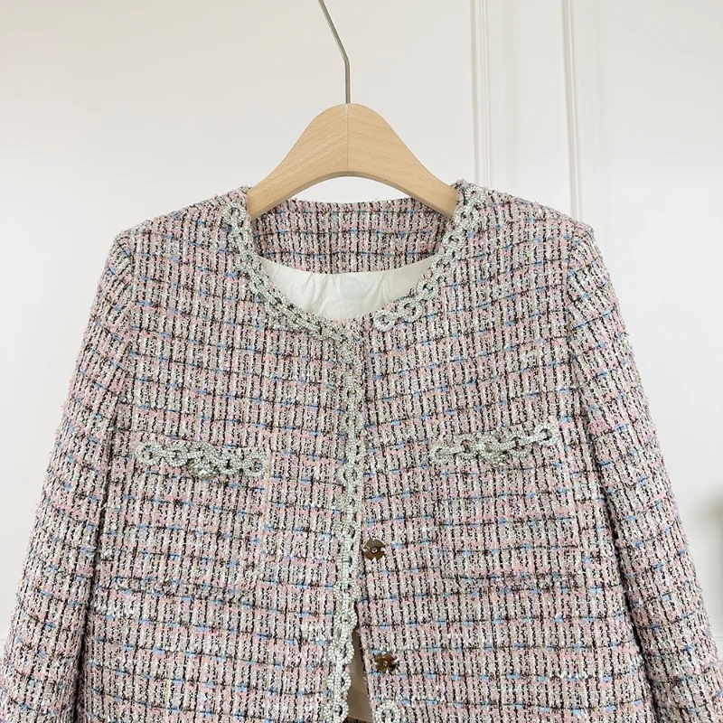 Women Fragrance Pink Plaid Eiderdown Liner Short Coat Round Neck Edge Sweet Tweed Long Sleeve Stitching Fake Fur Warm Coat
