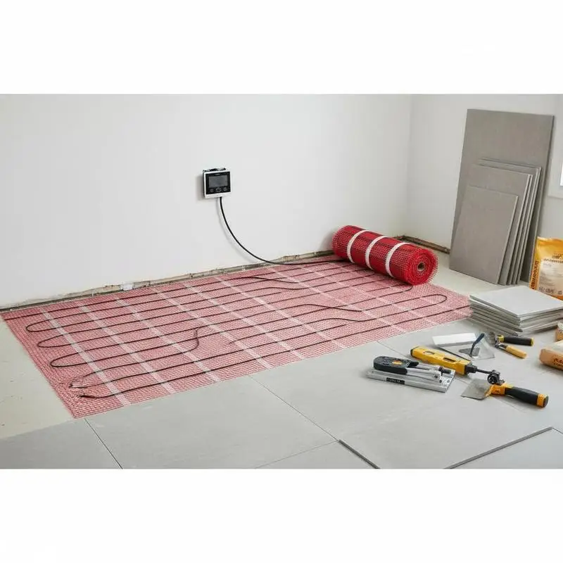 

Self-Adhesive Reticulated Underfloor Warming Pad 80 sqft For Tile Stone Vinyl, Smart Control Thermostat Alarm Included 120V Circuit Configuration Easy Setup Process
