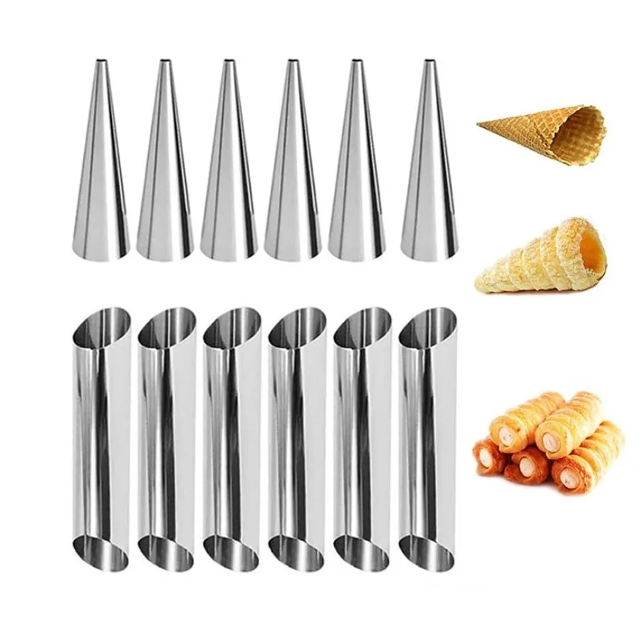 12pcs Cream Horn Molds, Stainless Steel Cannoli Forms Tubes Kits, Baking Cones, Roll Horn Forms, Non-stick Baking Molds for Dan