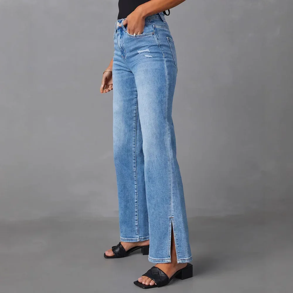 

Stylish Washed Ripped High-waisted Straight-leg Jeans.Ladies Four Seasons New Fashion Simple Comfortable Split Wide Leg Jeans