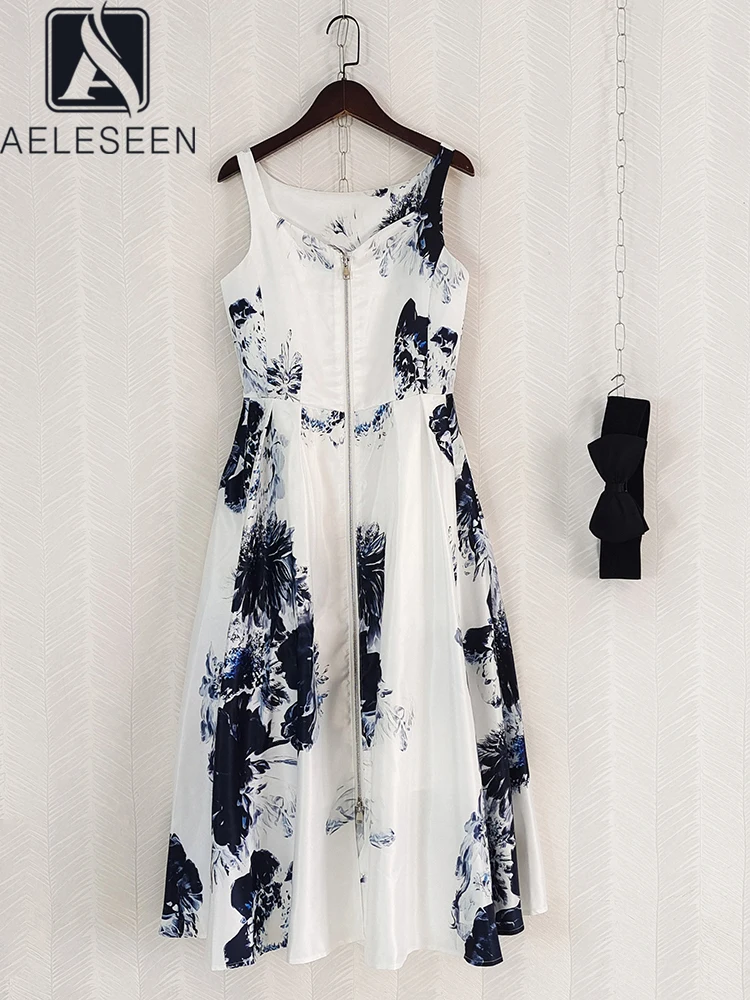 

AELESEEN Women Summer Dress Designer Fashion Spaghetti Strap Ink Flower Print 3D Bow Patchwork Zipper High Street Elegant Long