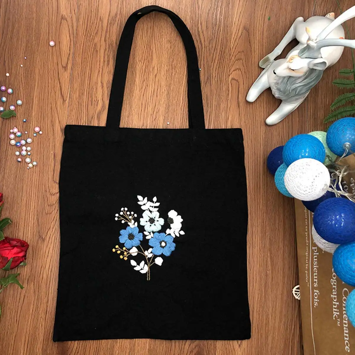 Unfinished Embroidery Kit Flower Black Shoulder Shopping Bag Casual Tote Sewing Cross Stitch Set Thread Tools Material Pack