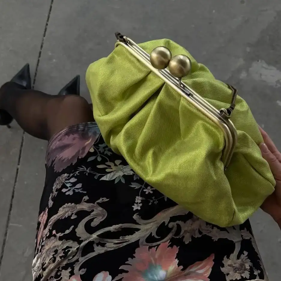 LOST IN VINTAGE Olive Velvet Bag Clutch Kiss-lock Simple Soft Finish Voluminous and Spacious Shape Brass Fittings 38x23x13cm