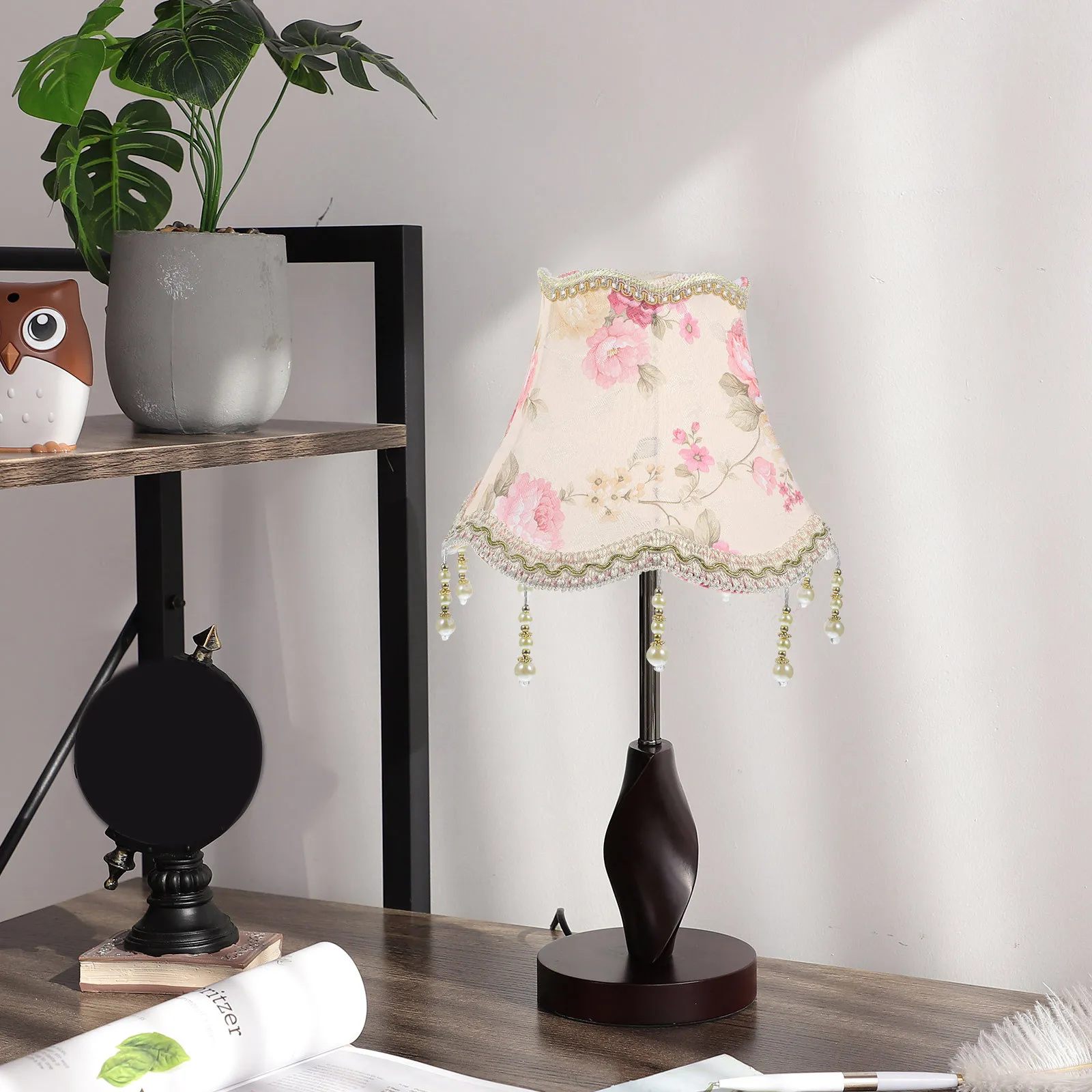 

Cloth Lamp Shade Retro Fringe Beads Decorative Table Lamp Cover European Lampshade Pink Vintage Fabric Light Shade