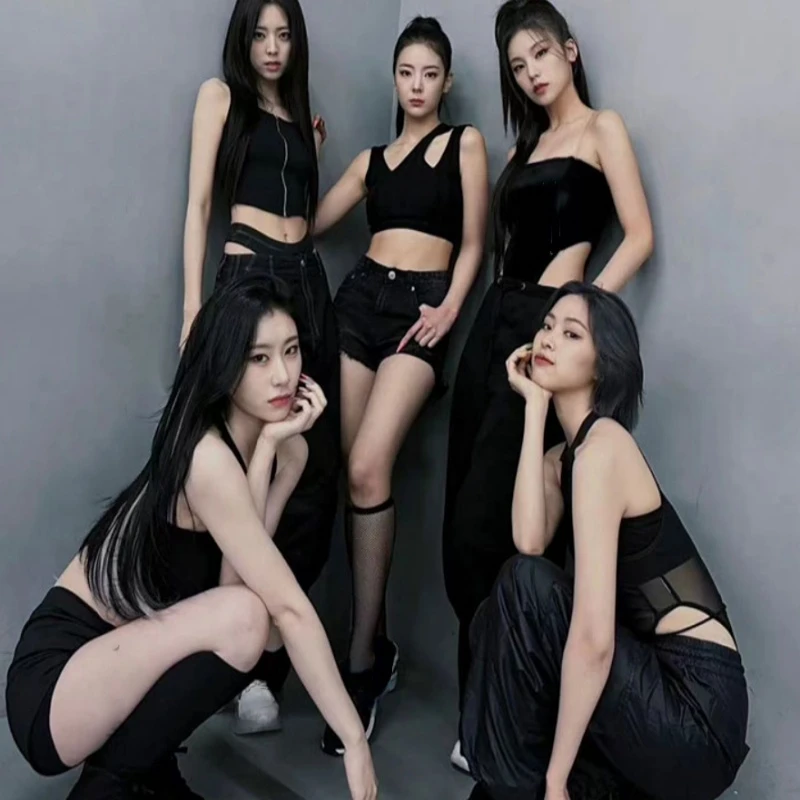 New Kpop Women Group Crop Top Outfit Off Shoulder Slim Vest Dancer Outfit Black Jazz Dancewear Ladies Sexy Nightclub Rave Wear